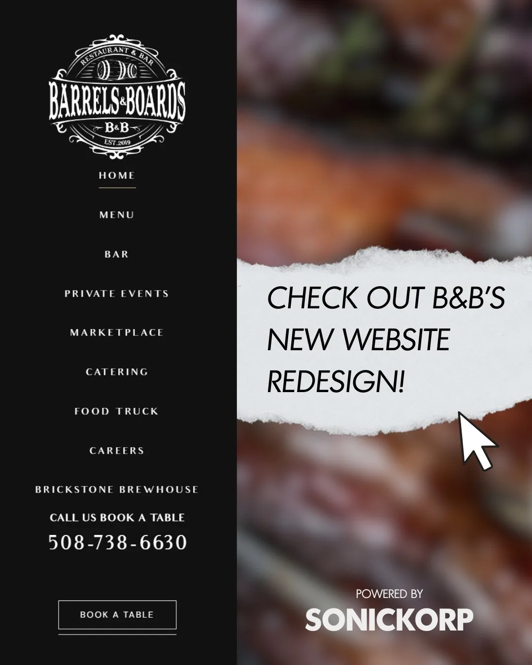 SonicKorp’s Barrels & Boards website redesign announcement, showing the restaurant logo and website navigation.